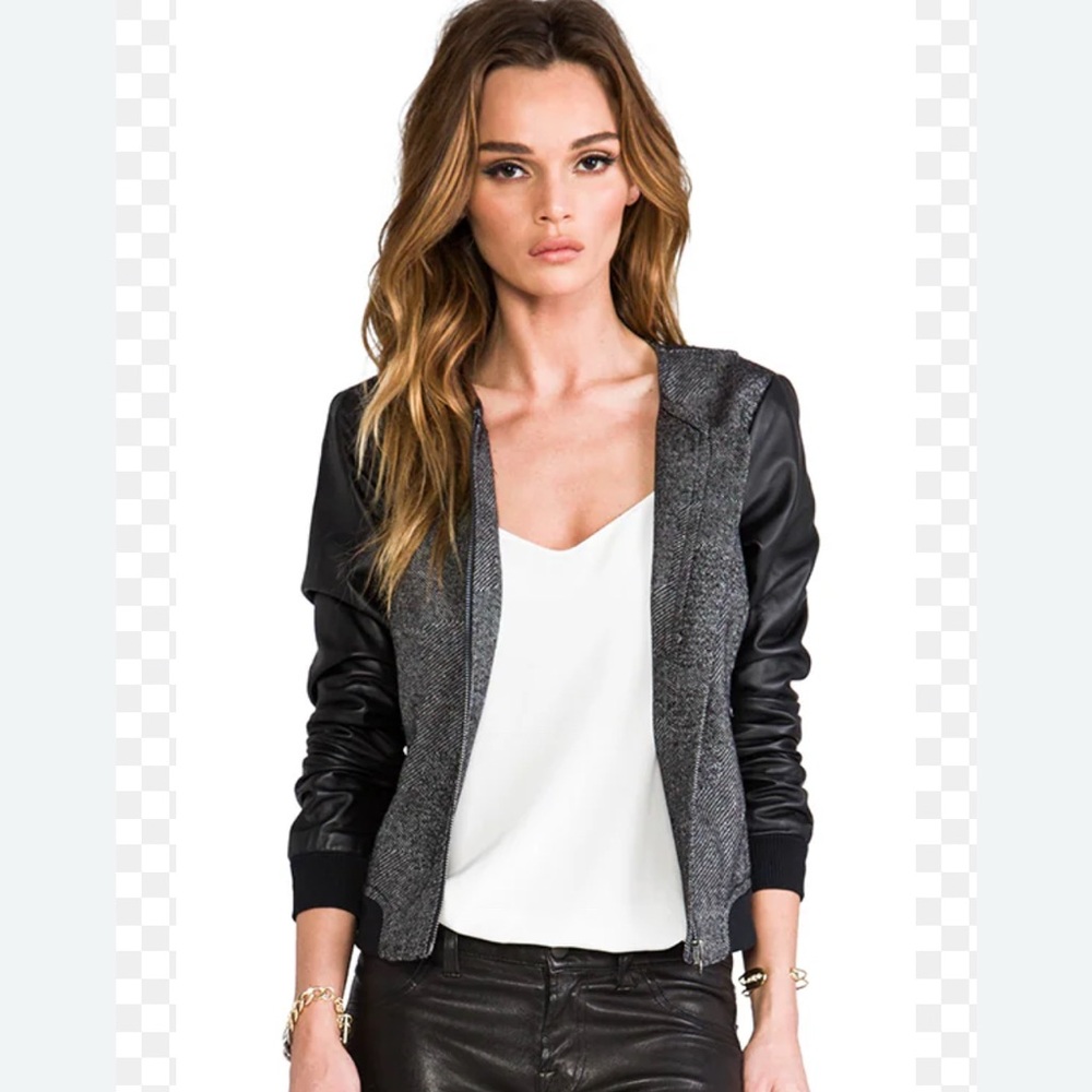 Trina Turk genuine leather patchwork weave slugger jacket/bomber jacket